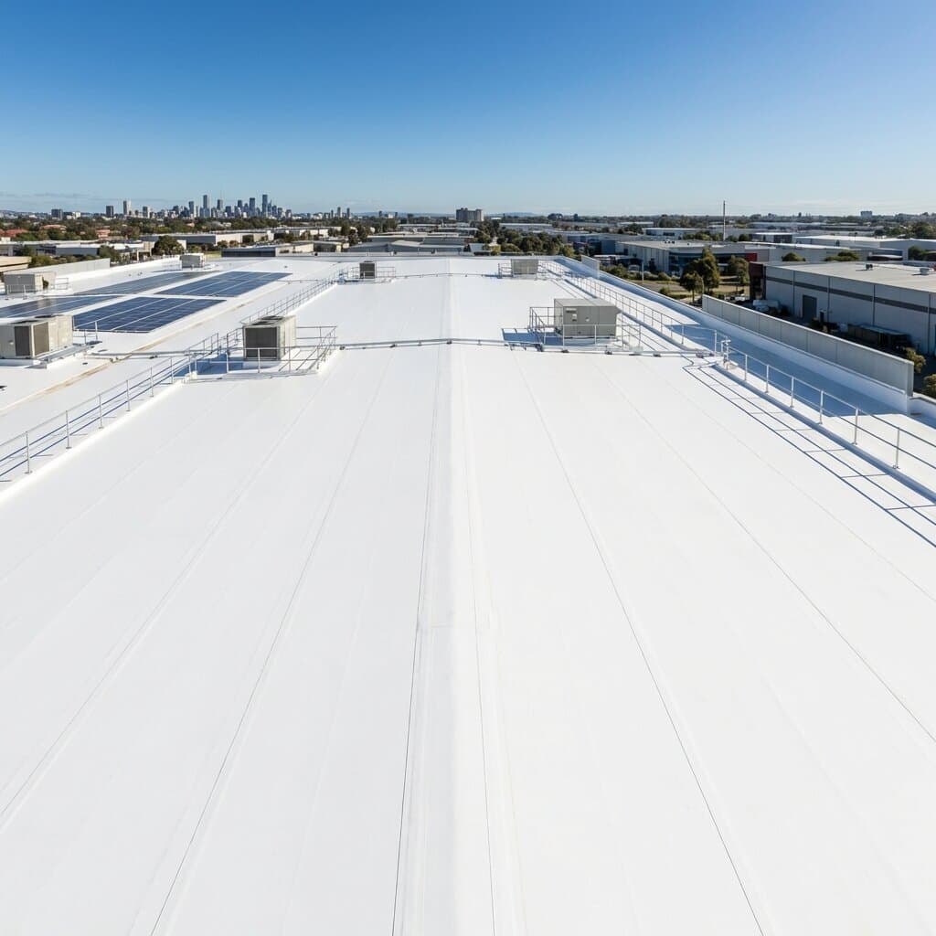 Large commercial TPO membrane roof installation with city skyline