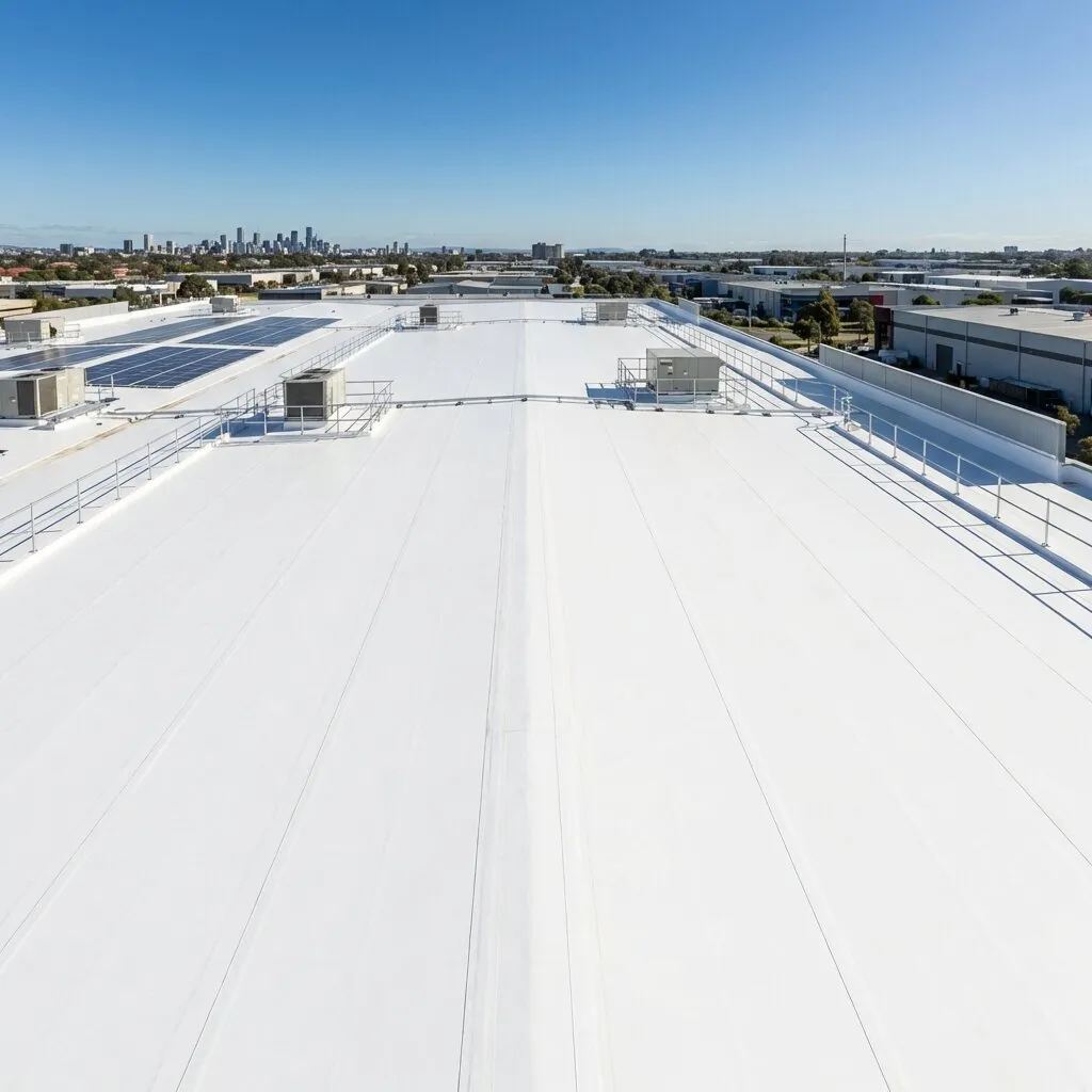 Large commercial TPO membrane roof installation with city skyline