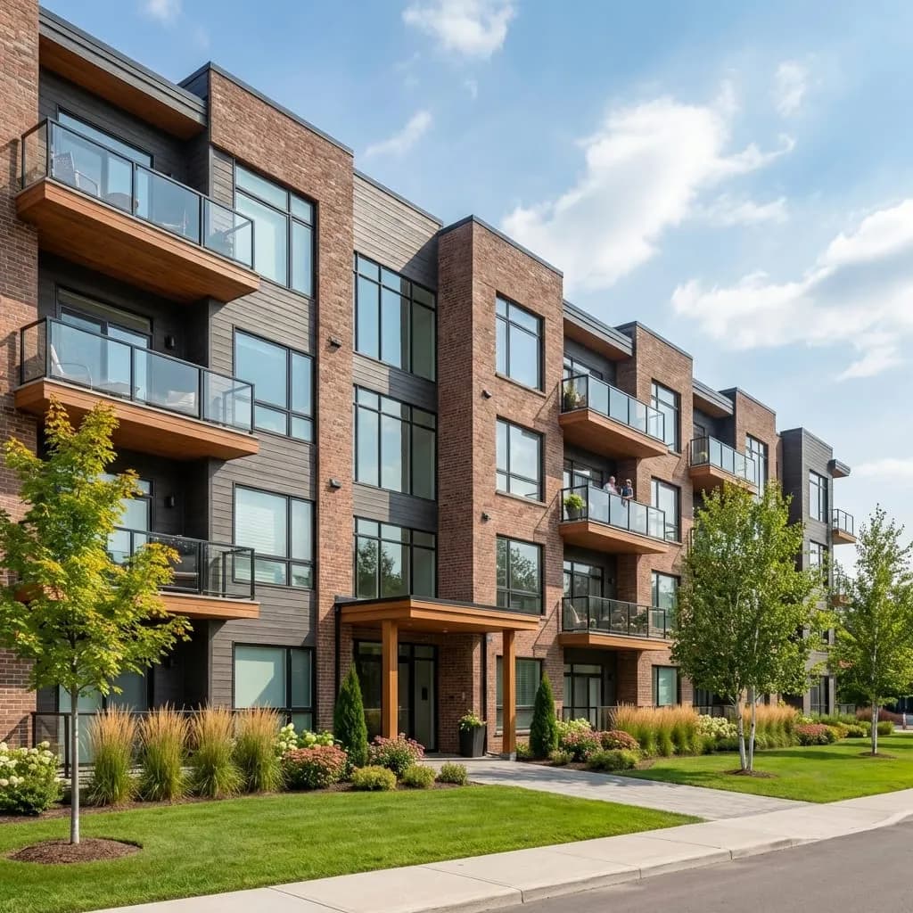 Modern multi-family apartment complex with brick and siding exterior