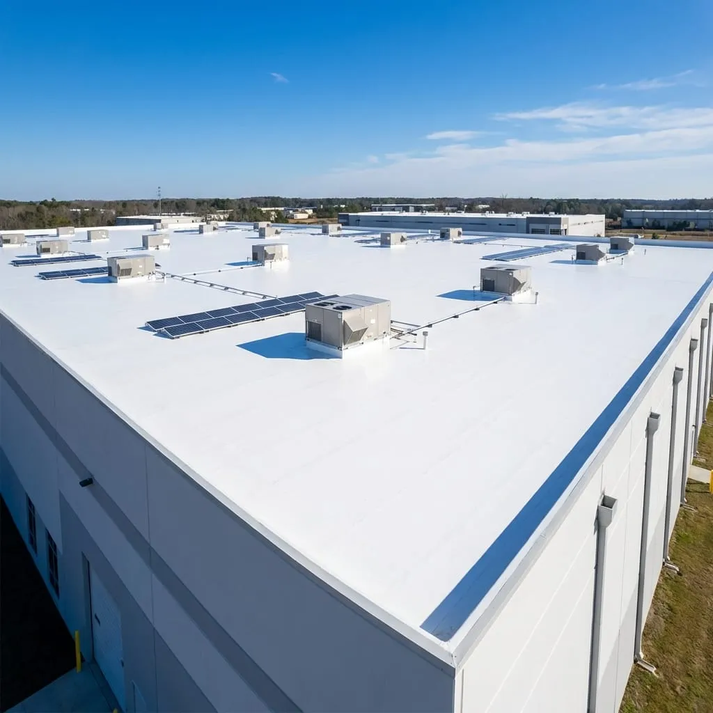 Large scale white TPO membrane commercial roof on warehouse