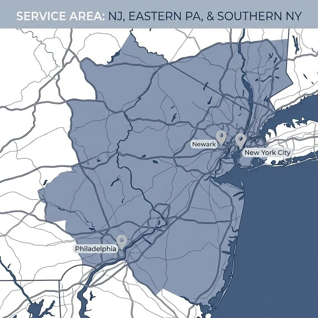 VM Power Exteriors service area map covering Pennsylvania and New Jersey