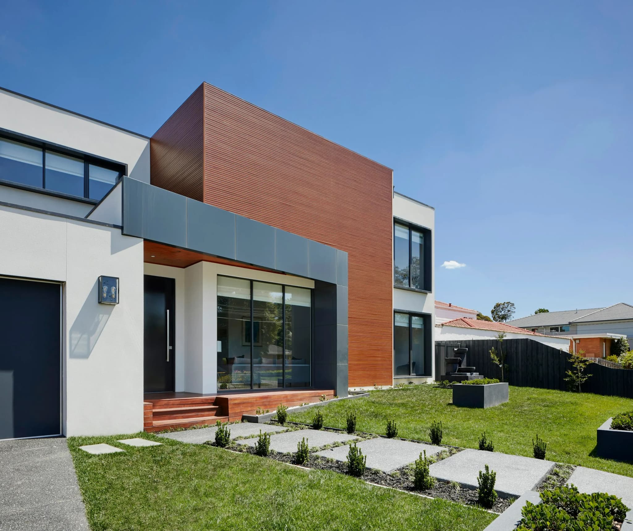 Modern white exterior home with contemporary design elements