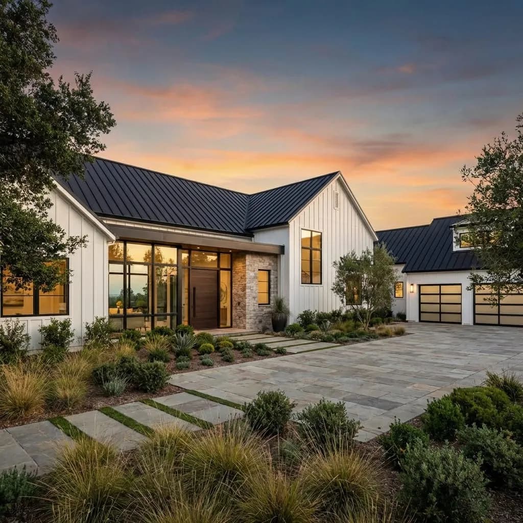 Luxury modern home exterior with black standing seam metal roof