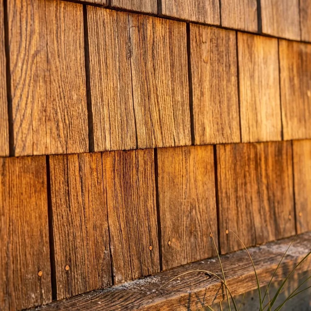 Close up detail of premium cedar shake siding in golden hour light