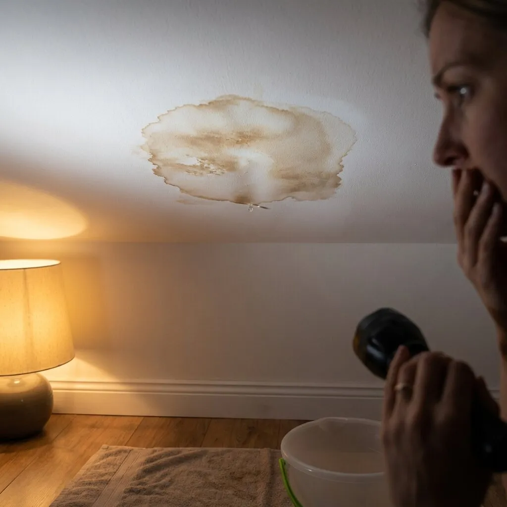 Interior ceiling water leak damage requiring roof repair