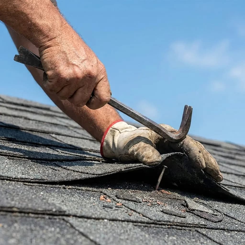 Professional roofer performing precise shingle repair