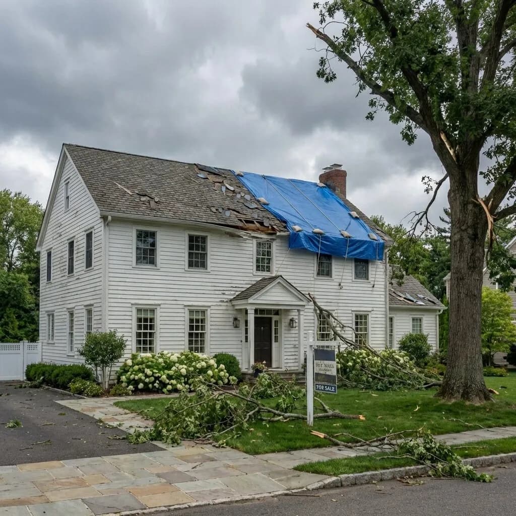 Storm damaged roof with tarp and fallen branches