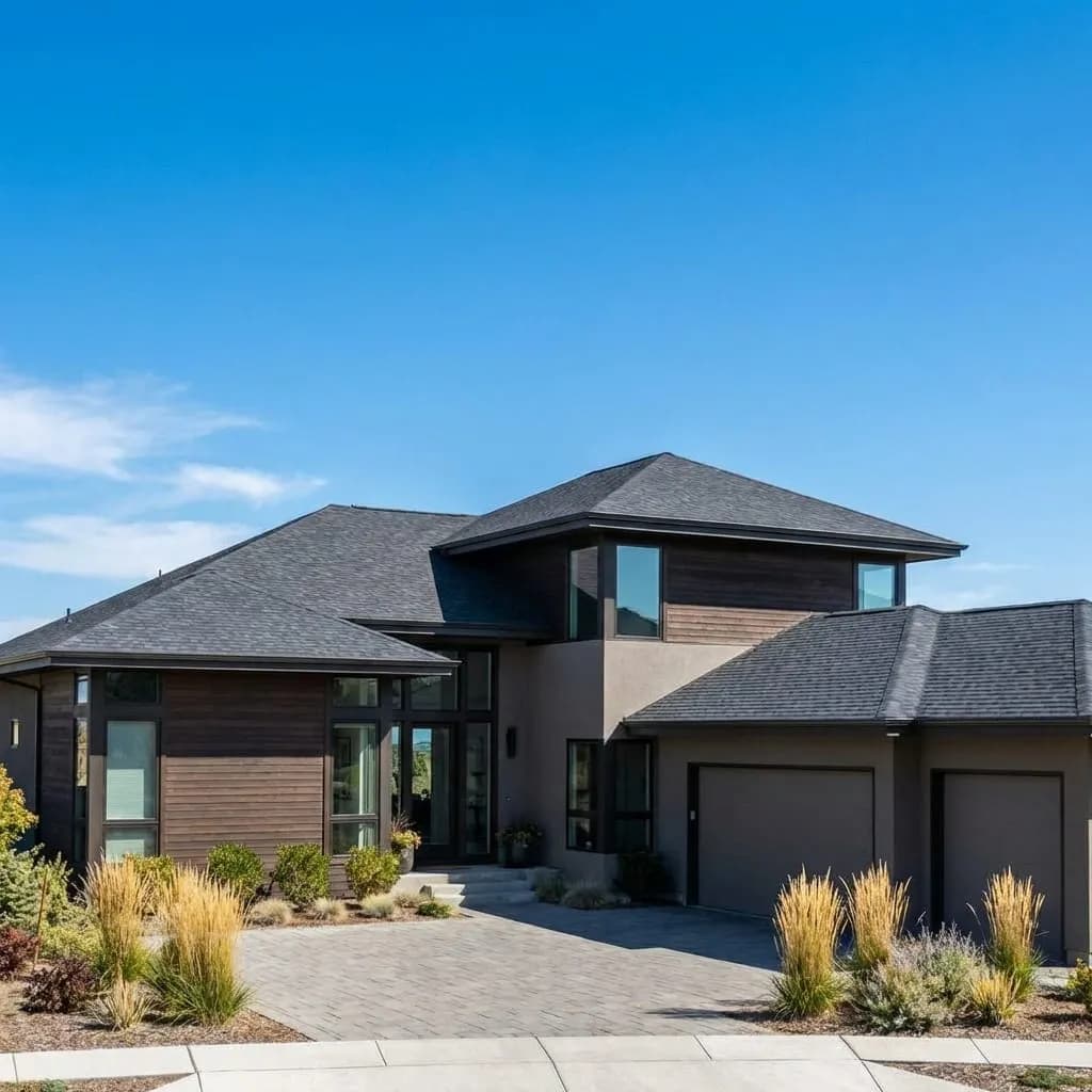 Modern suburban home with charcoal gray architectural shingle roof