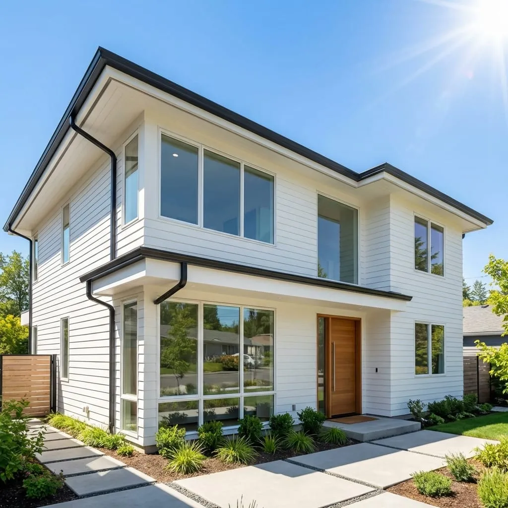 Modern home with seamless black aluminum gutters and downspouts