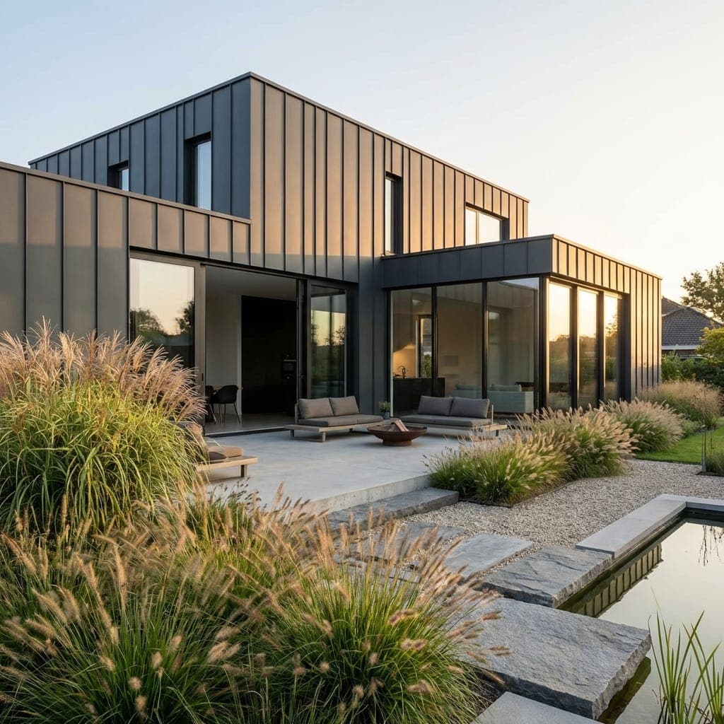 Modern minimalist home exterior with batten seam zinc cladding