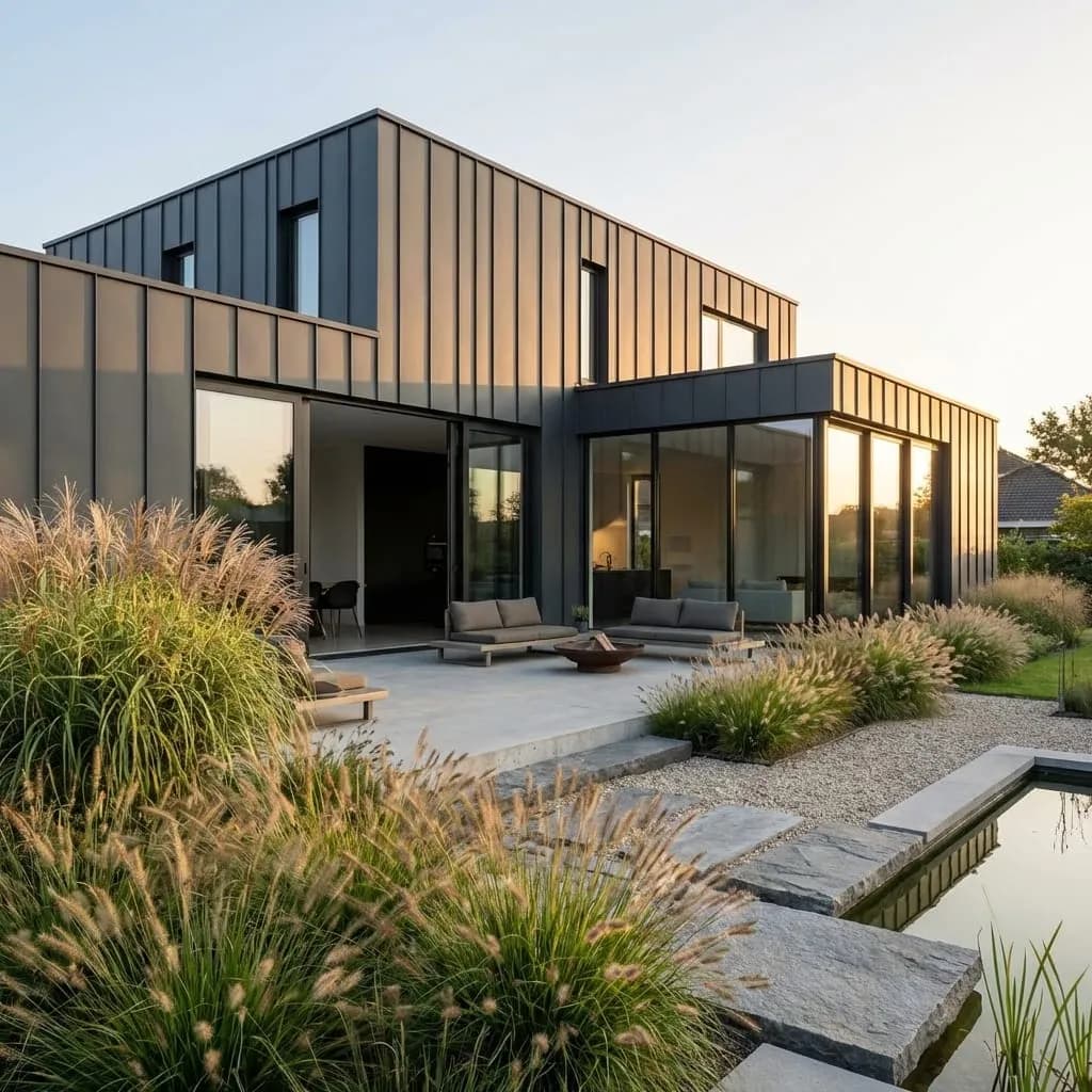 Modern minimalist home exterior with batten seam zinc cladding
