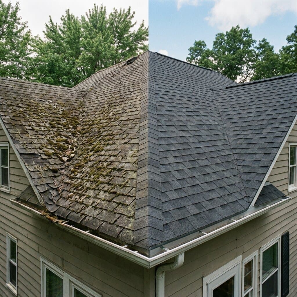 Before and after shingle roof replacement transformation