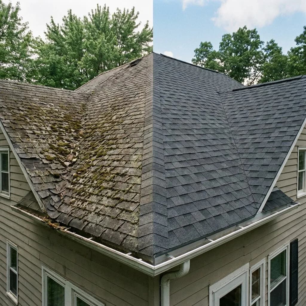 Before and after shingle roof replacement transformation
