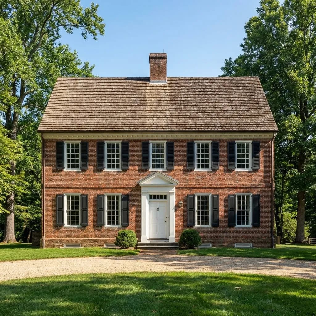 Classic colonial home with weathered wood color architectural shingle roof
