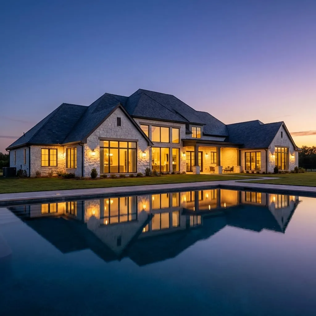 Contemporary white and brick modern home with architectural roofline and blue sky